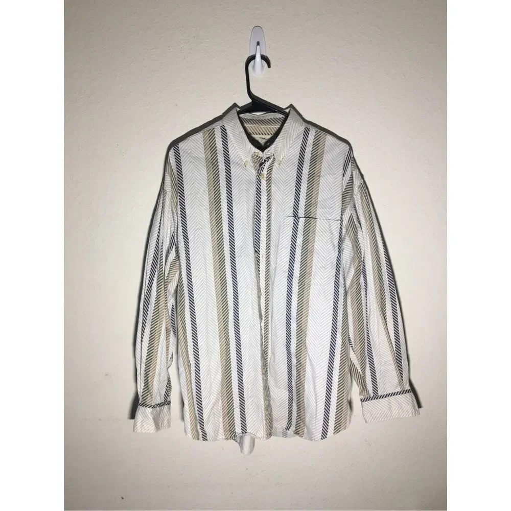 Mens Natural Issue Button Up Size Large Striped Navy Brown Green Casual